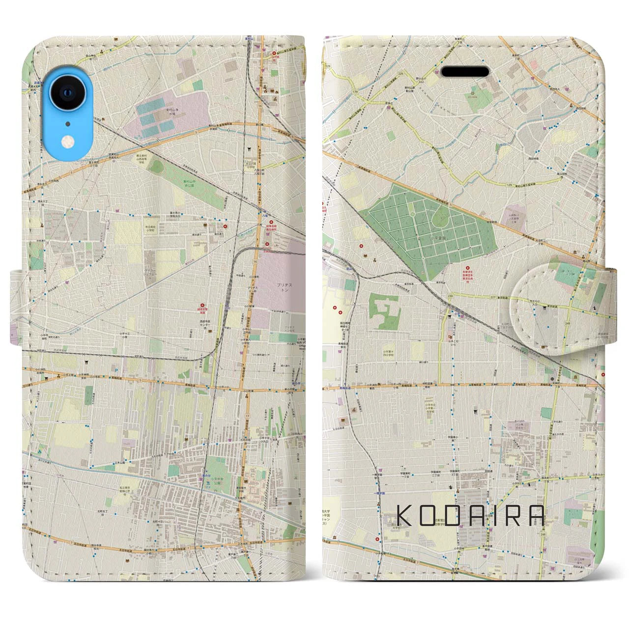 【小平】地図柄iPhoneケース（手帳両面タイプ・ナチュラル）iPhone XR 用