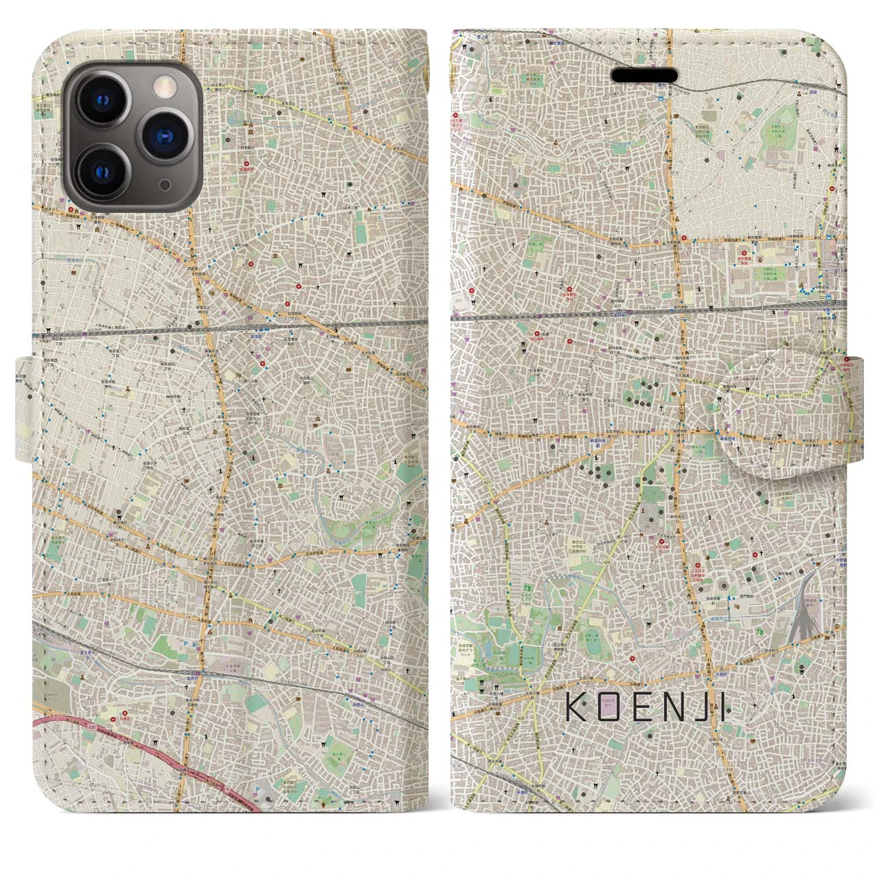 【高円寺】地図柄iPhoneケース（手帳両面タイプ・ナチュラル）iPhone 11 Pro Max 用