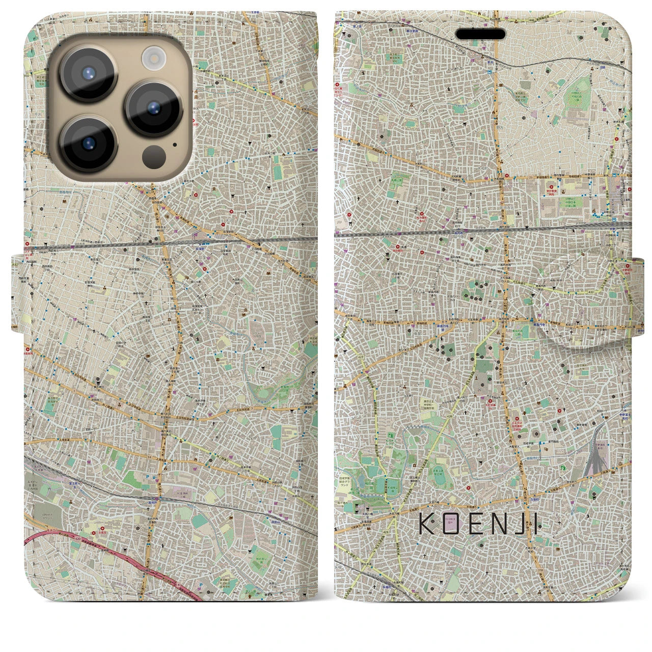 【高円寺】地図柄iPhoneケース（手帳両面タイプ・ナチュラル）iPhone 14 Pro Max 用