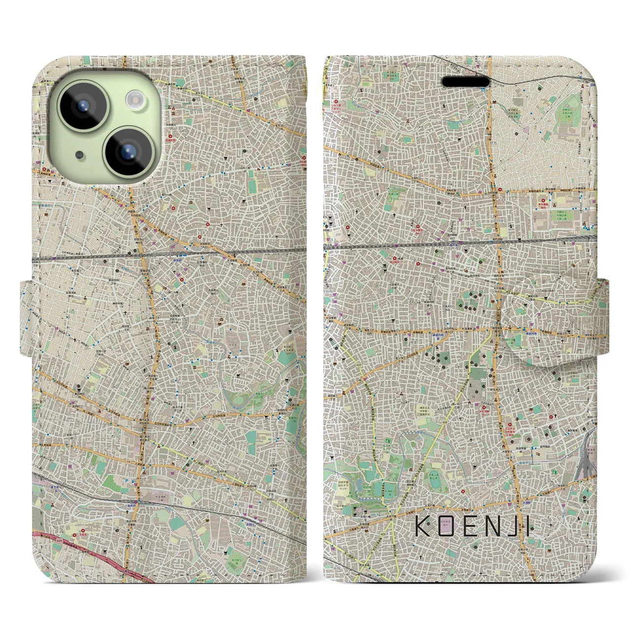 【高円寺（東京都）】地図柄iPhoneケース（手帳タイプ）ナチュラル・iPhone 15 用