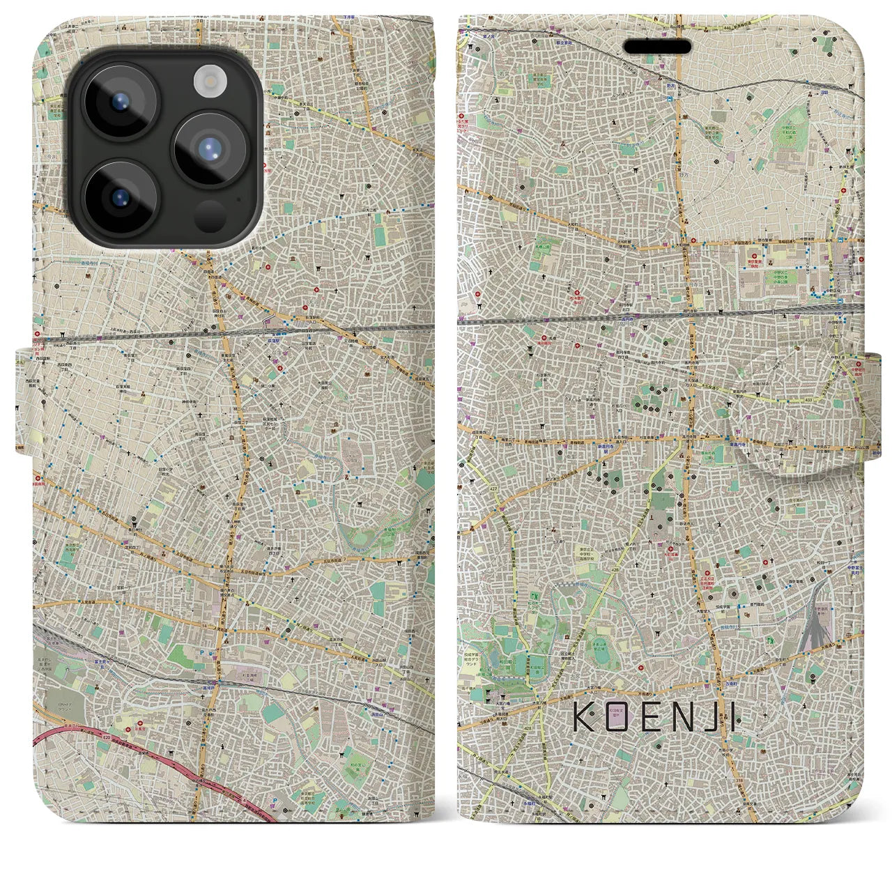 【高円寺】地図柄iPhoneケース（手帳両面タイプ・ナチュラル）iPhone 15 Pro Max 用