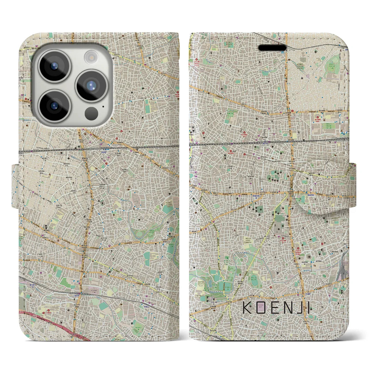 【高円寺】地図柄iPhoneケース（手帳両面タイプ・ナチュラル）iPhone 15 Pro 用