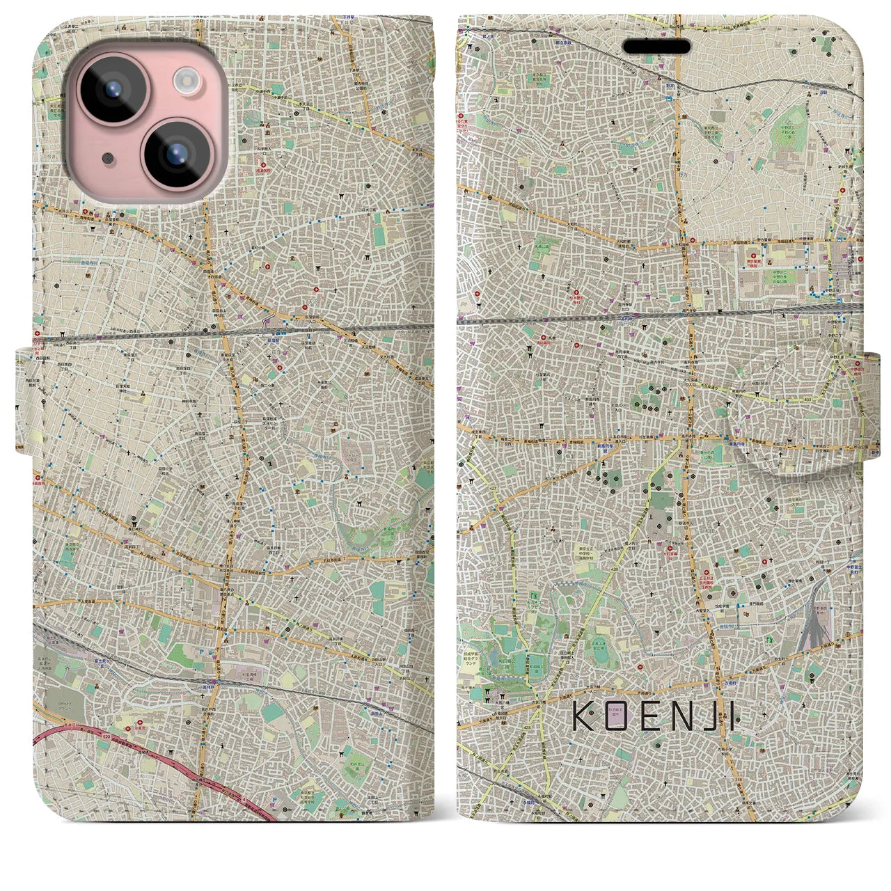 【高円寺】地図柄iPhoneケース（手帳両面タイプ・ナチュラル）iPhone 15 Plus 用