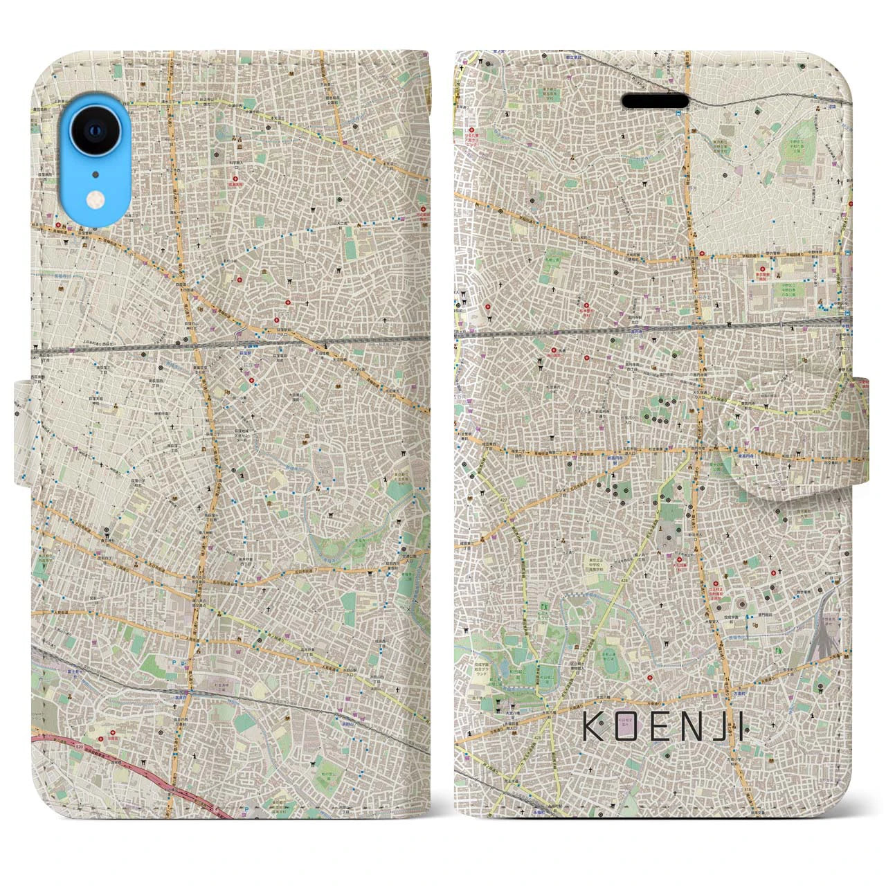 【高円寺】地図柄iPhoneケース（手帳両面タイプ・ナチュラル）iPhone XR 用