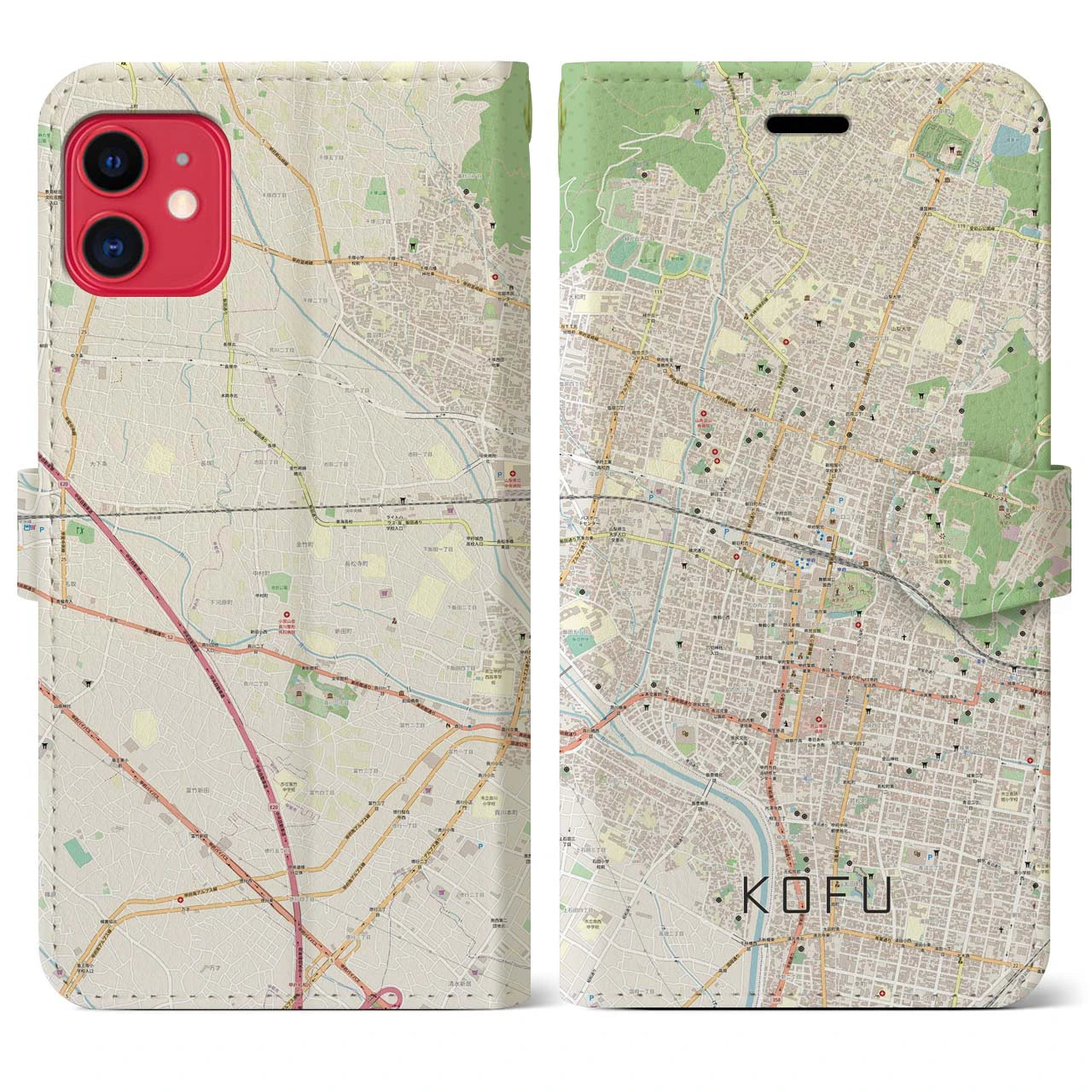 【甲府】地図柄iPhoneケース（手帳両面タイプ・ナチュラル）iPhone 11 用