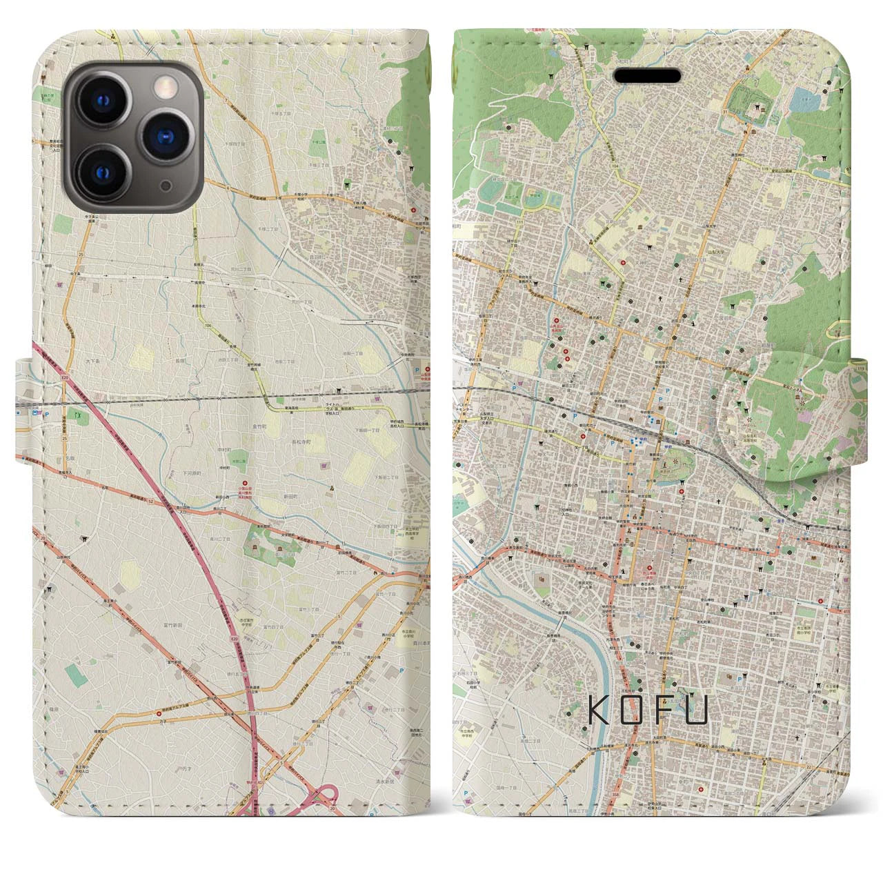 【甲府】地図柄iPhoneケース（手帳両面タイプ・ナチュラル）iPhone 11 Pro Max 用