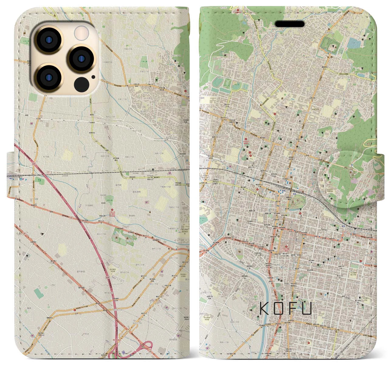 【甲府】地図柄iPhoneケース（手帳両面タイプ・ナチュラル）iPhone 12 Pro Max 用