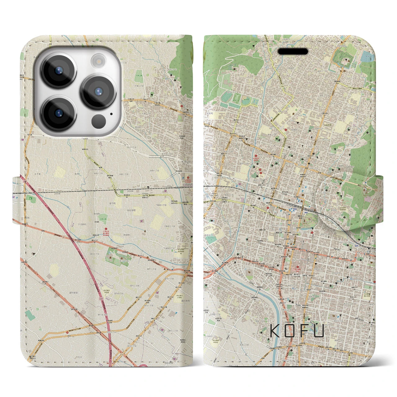 【甲府】地図柄iPhoneケース（手帳両面タイプ・ナチュラル）iPhone 14 Pro 用