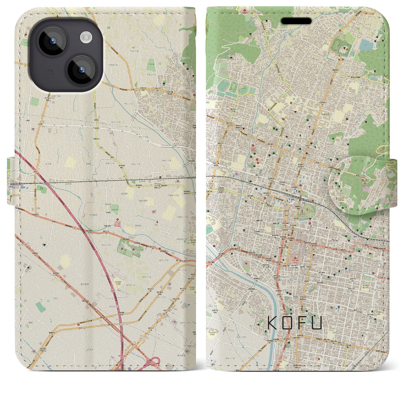 【甲府】地図柄iPhoneケース（手帳両面タイプ・ナチュラル）iPhone 14 Plus 用