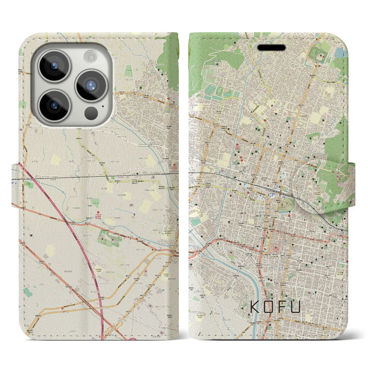 【甲府】地図柄iPhoneケース（手帳両面タイプ・ナチュラル）iPhone 15 Pro 用