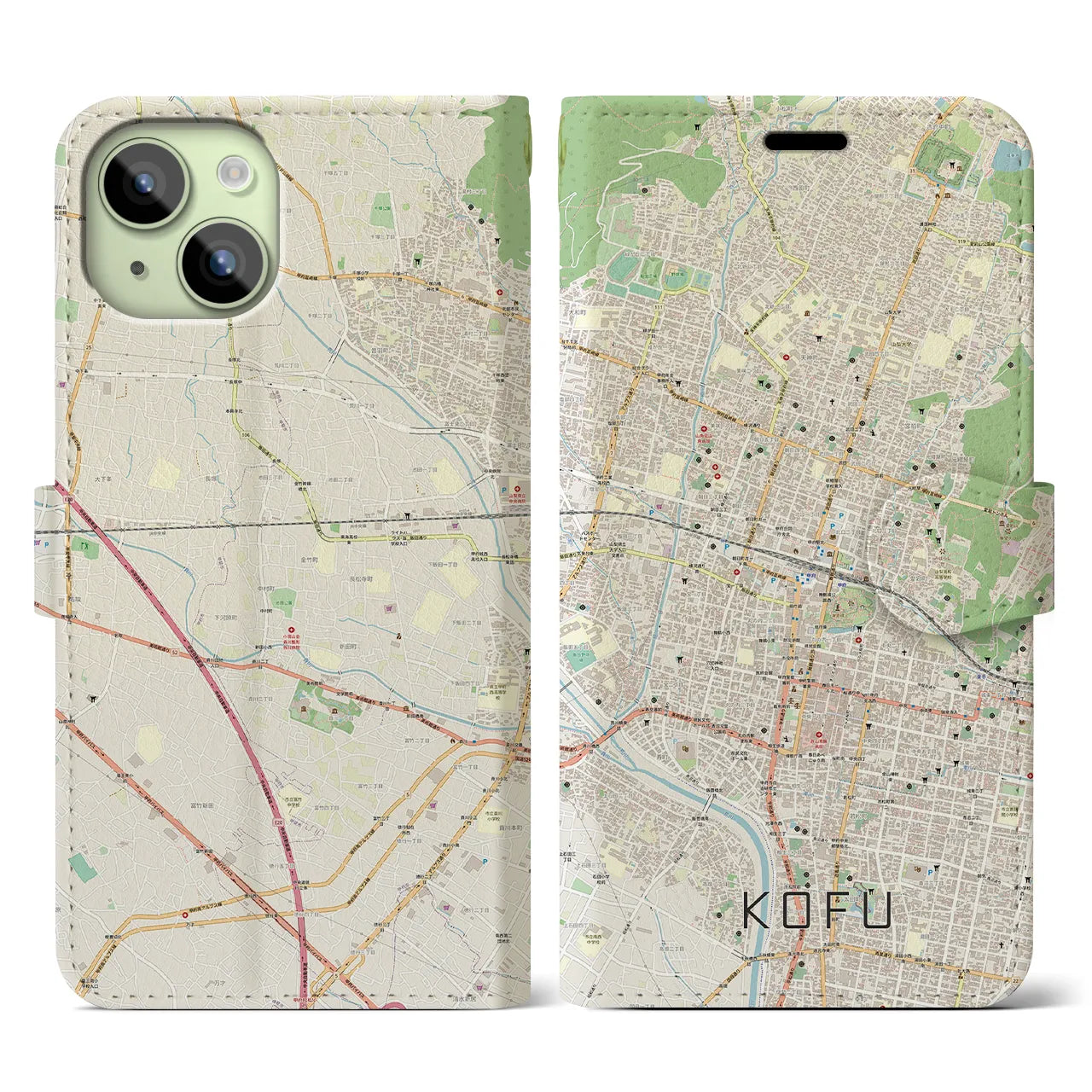 【甲府】地図柄iPhoneケース（手帳両面タイプ・ナチュラル）iPhone 15 用