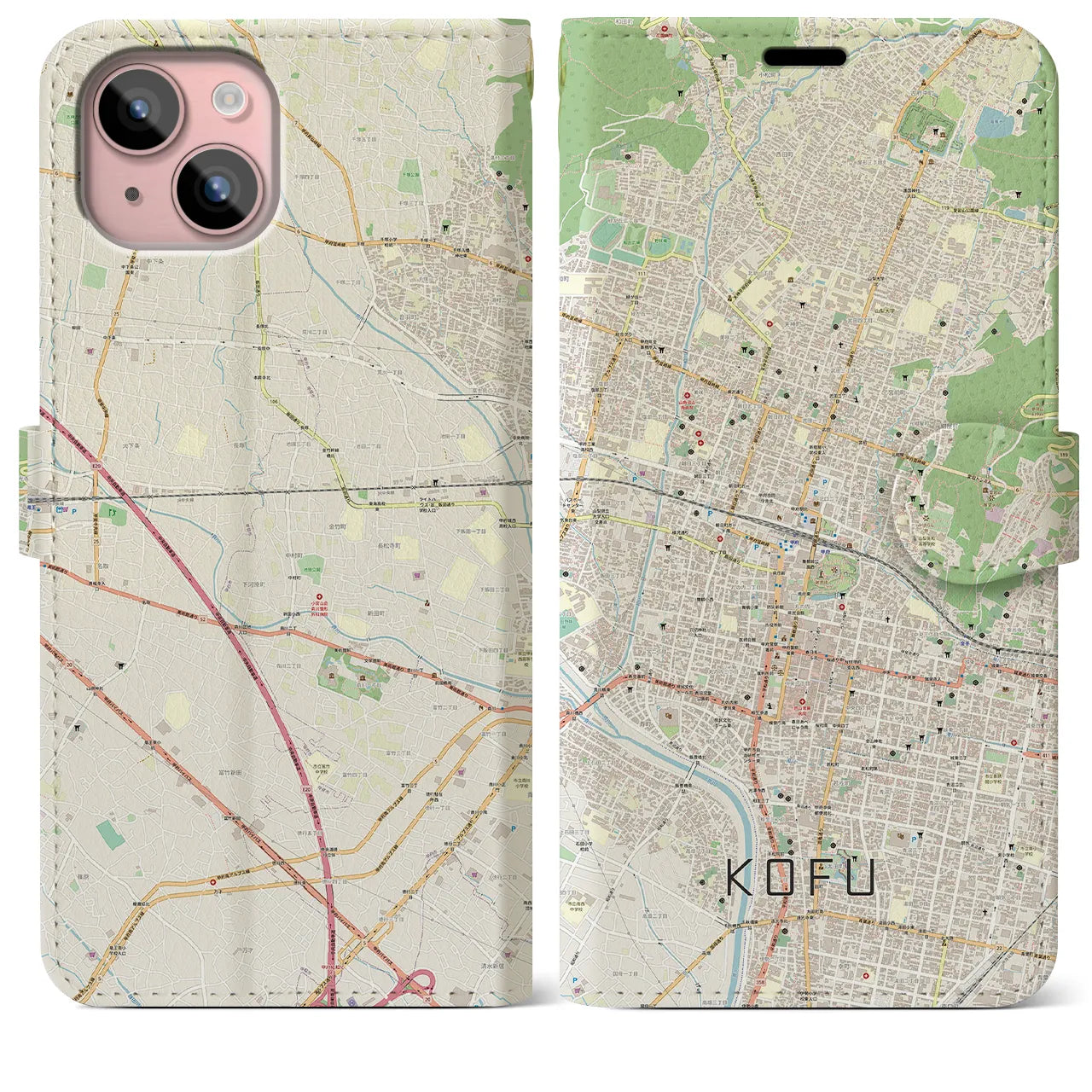 【甲府】地図柄iPhoneケース（手帳両面タイプ・ナチュラル）iPhone 15 Plus 用