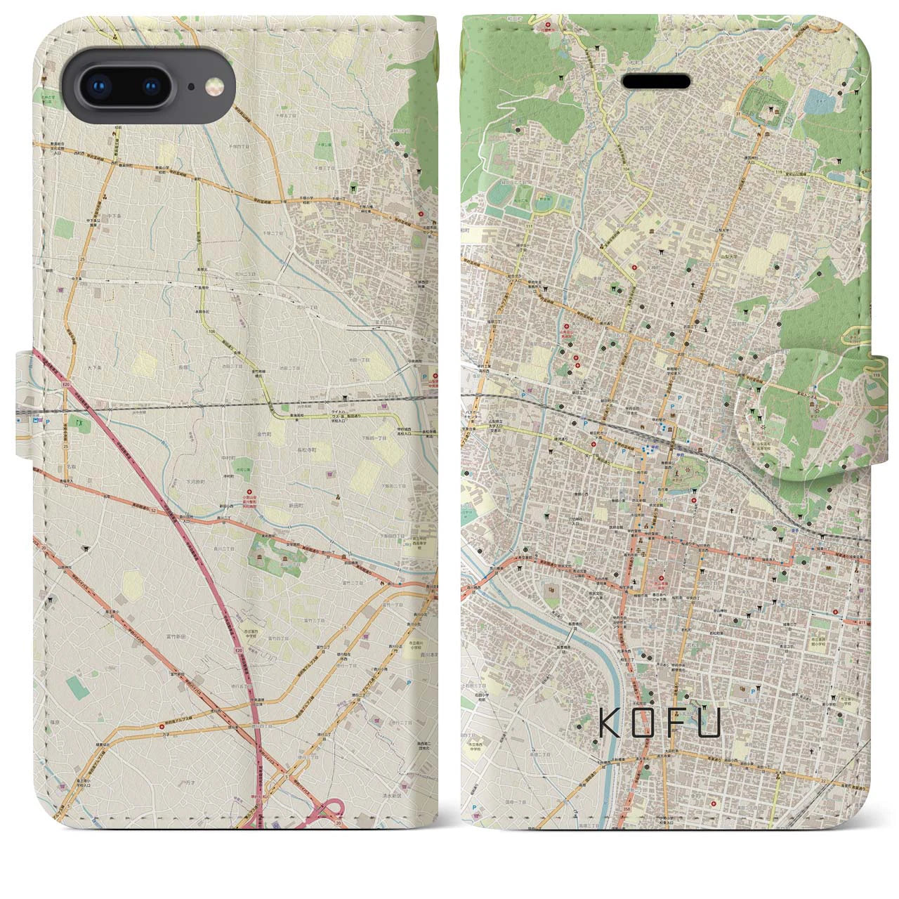 【甲府】地図柄iPhoneケース（手帳両面タイプ・ナチュラル）iPhone 8Plus /7Plus / 6sPlus / 6Plus 用