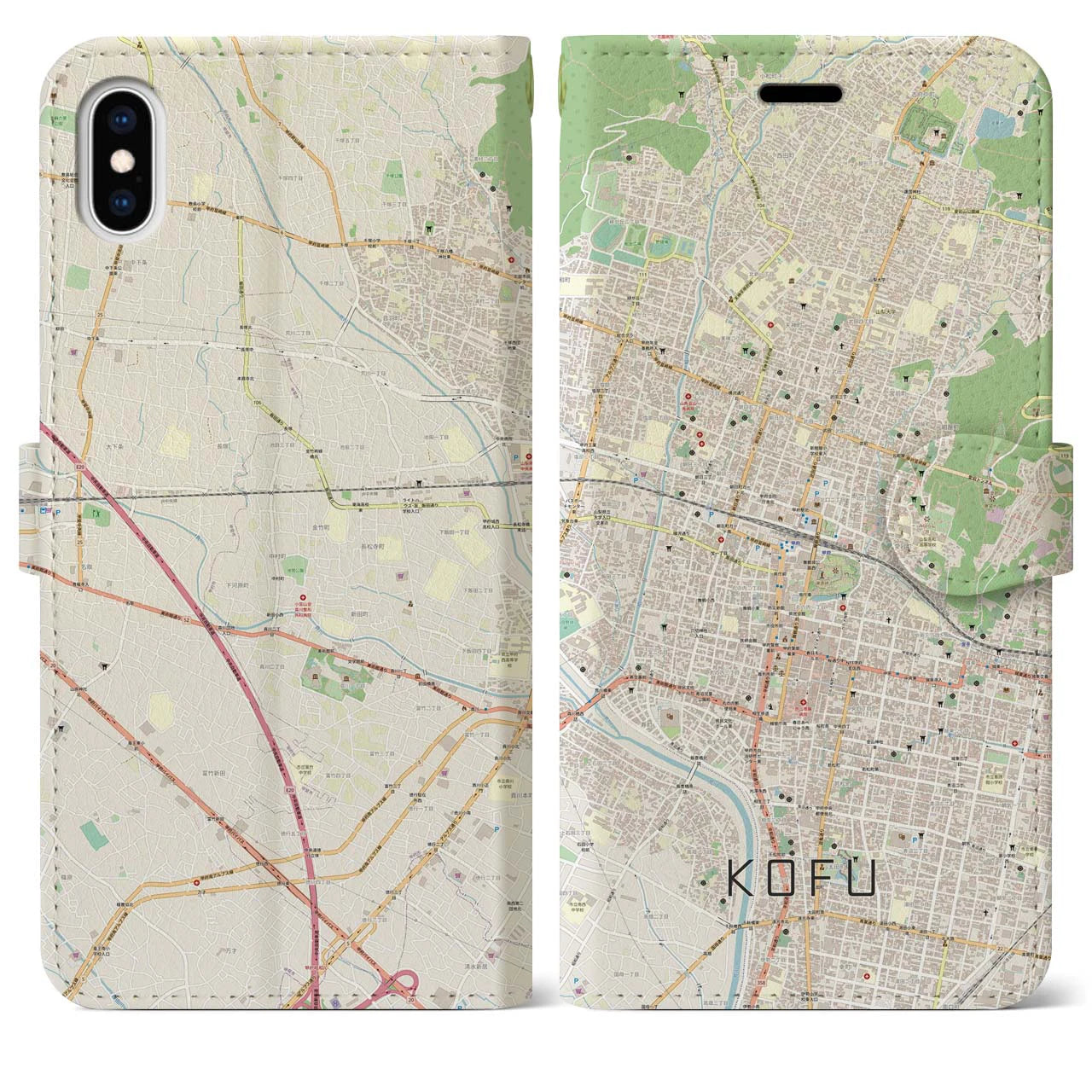 【甲府】地図柄iPhoneケース（手帳両面タイプ・ナチュラル）iPhone XS Max 用