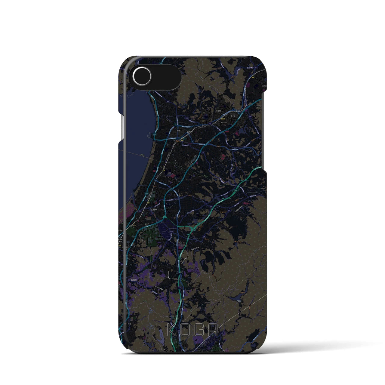 【古賀】地図柄iPhoneケース（バックカバータイプ・ブラック）iPhone SE（第3 / 第2世代） / 8 / 7 / 6s / 6 用