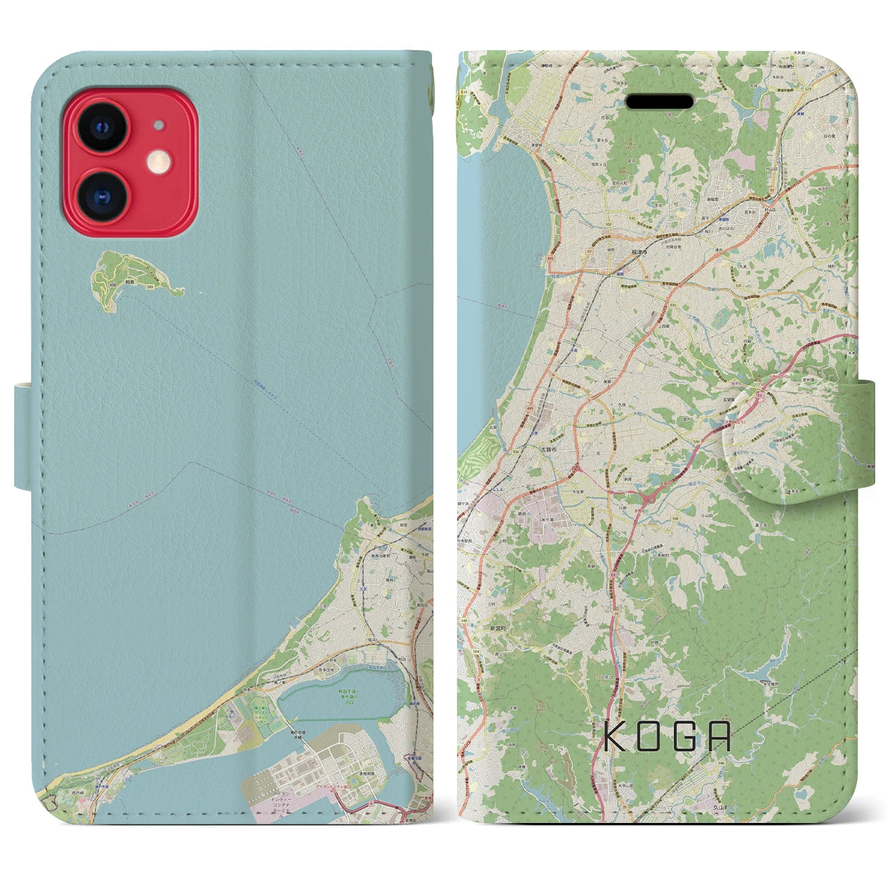【古賀】地図柄iPhoneケース（手帳両面タイプ・ナチュラル）iPhone 11 用
