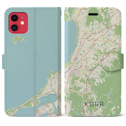 【古賀（福岡県）】地図柄iPhoneケース（手帳タイプ）ナチュラル・iPhone 11 用