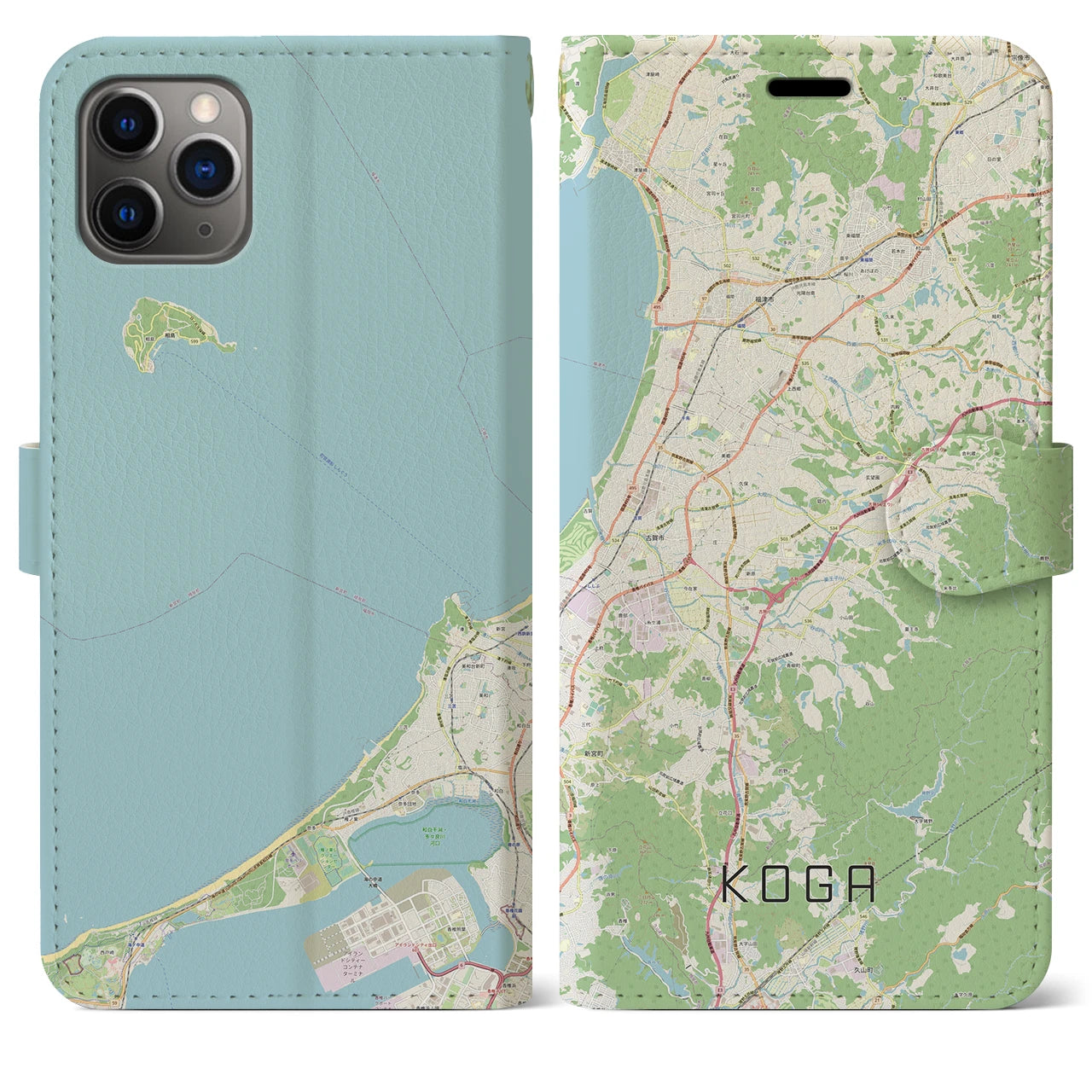 【古賀】地図柄iPhoneケース（手帳両面タイプ・ナチュラル）iPhone 11 Pro Max 用