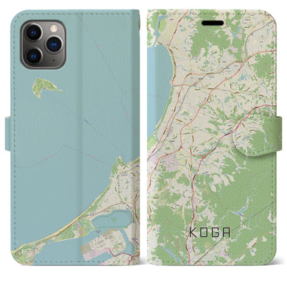 【古賀（福岡県）】地図柄iPhoneケース（手帳タイプ）ナチュラル・iPhone 11 Pro Max 用