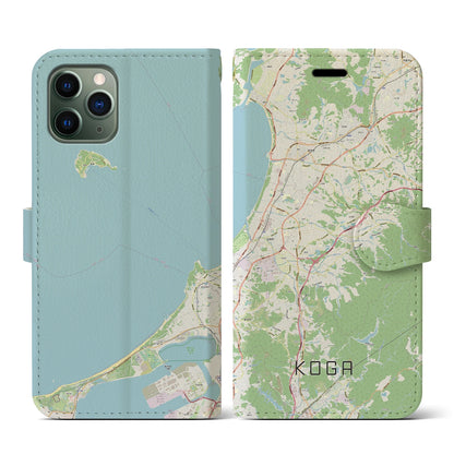 【古賀（福岡県）】地図柄iPhoneケース（手帳タイプ）ナチュラル・iPhone 11 Pro 用