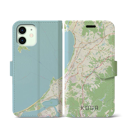 【古賀（福岡県）】地図柄iPhoneケース（手帳タイプ）ナチュラル・iPhone 12 mini 用
