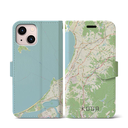 【古賀（福岡県）】地図柄iPhoneケース（手帳タイプ）ナチュラル・iPhone 13 mini 用