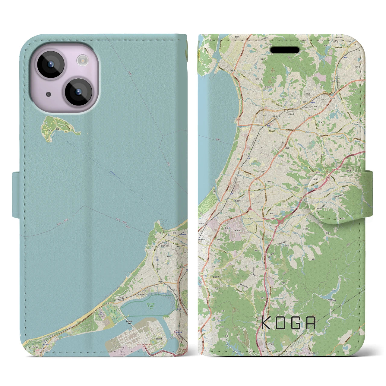 【古賀】地図柄iPhoneケース（手帳両面タイプ・ナチュラル）iPhone 14 用