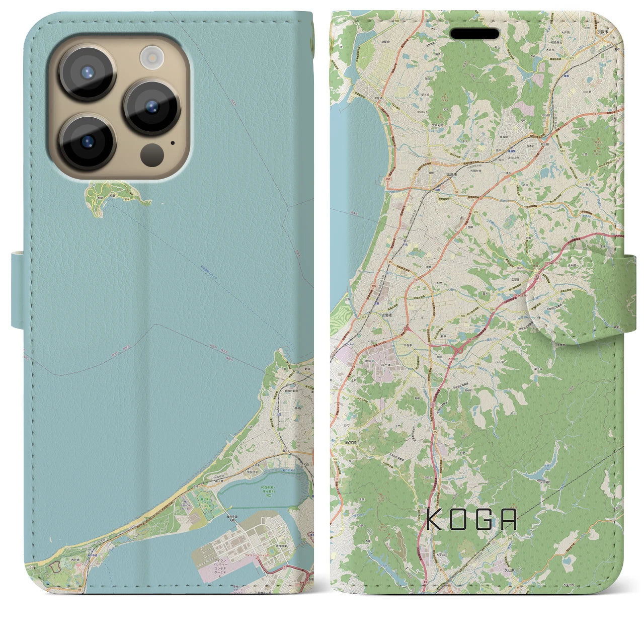 【古賀】地図柄iPhoneケース（手帳両面タイプ・ナチュラル）iPhone 14 Pro Max 用