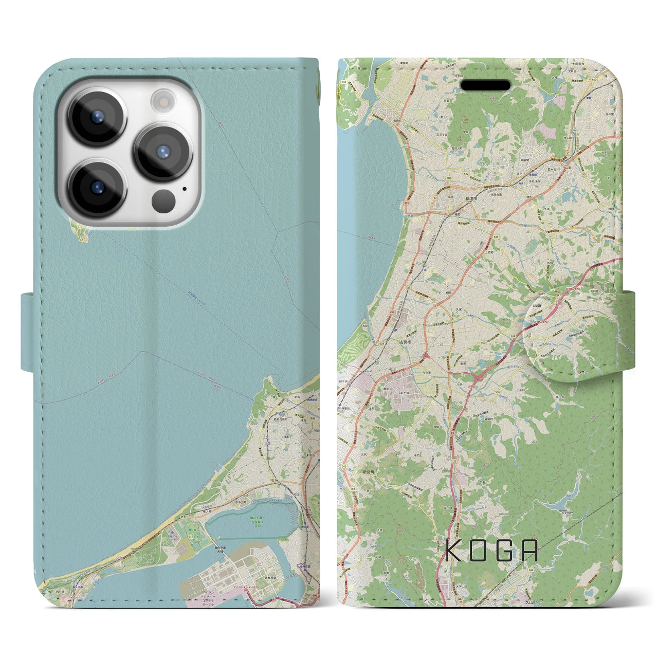 【古賀】地図柄iPhoneケース（手帳両面タイプ・ナチュラル）iPhone 14 Pro 用