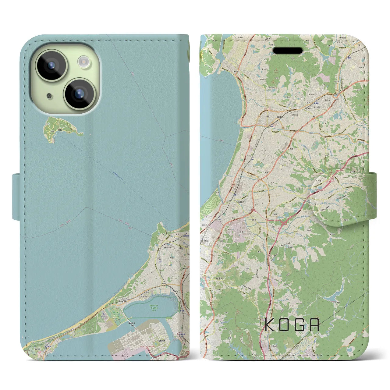 【古賀】地図柄iPhoneケース（手帳両面タイプ・ナチュラル）iPhone 15 用