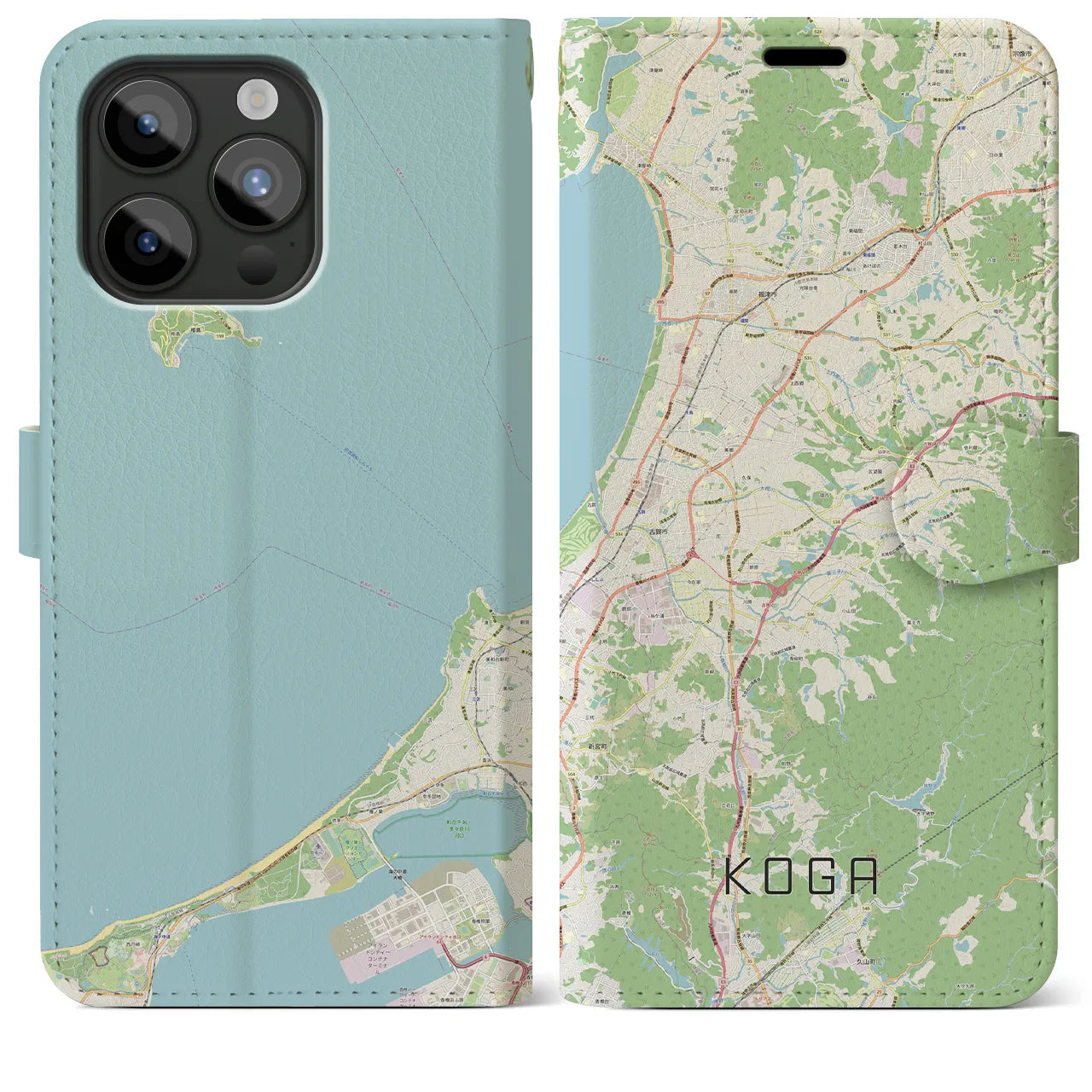 【古賀】地図柄iPhoneケース（手帳両面タイプ・ナチュラル）iPhone 15 Pro Max 用