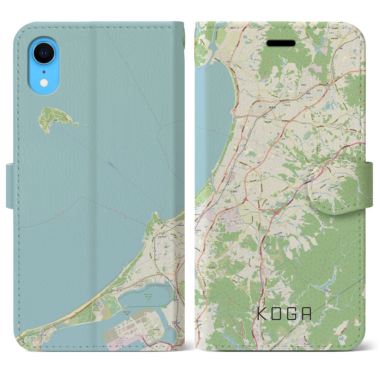 【古賀】地図柄iPhoneケース（手帳両面タイプ・ナチュラル）iPhone XR 用