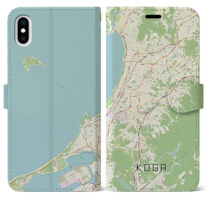【古賀（福岡県）】地図柄iPhoneケース（手帳タイプ）ナチュラル・iPhone XS Max 用
