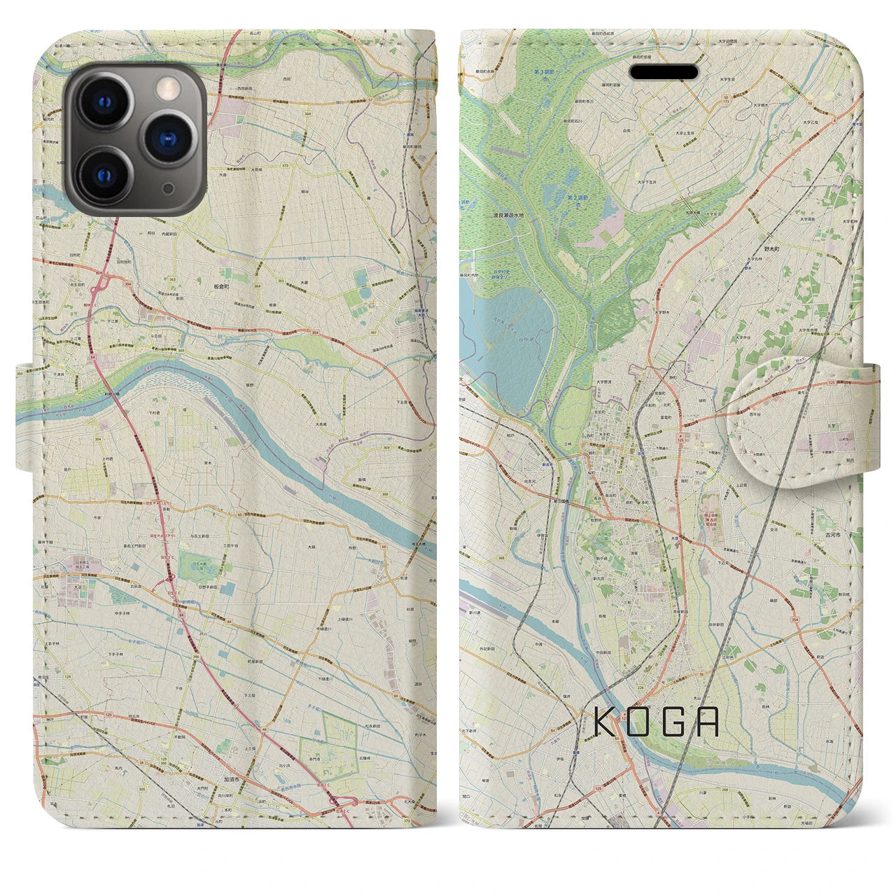 【古河】地図柄iPhoneケース（手帳両面タイプ・ナチュラル）iPhone 11 Pro Max 用