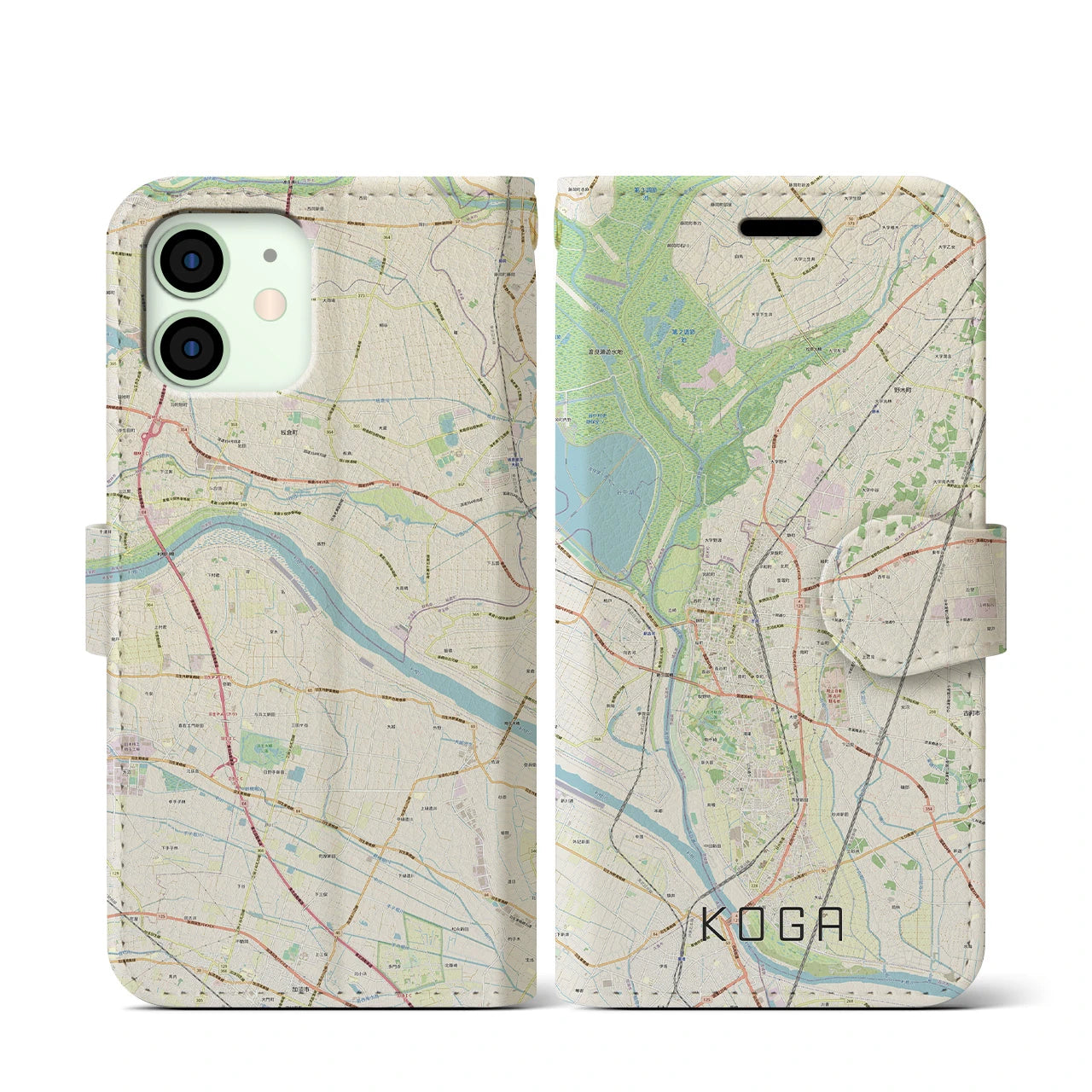 【古河】地図柄iPhoneケース（手帳両面タイプ・ナチュラル）iPhone 12 mini 用