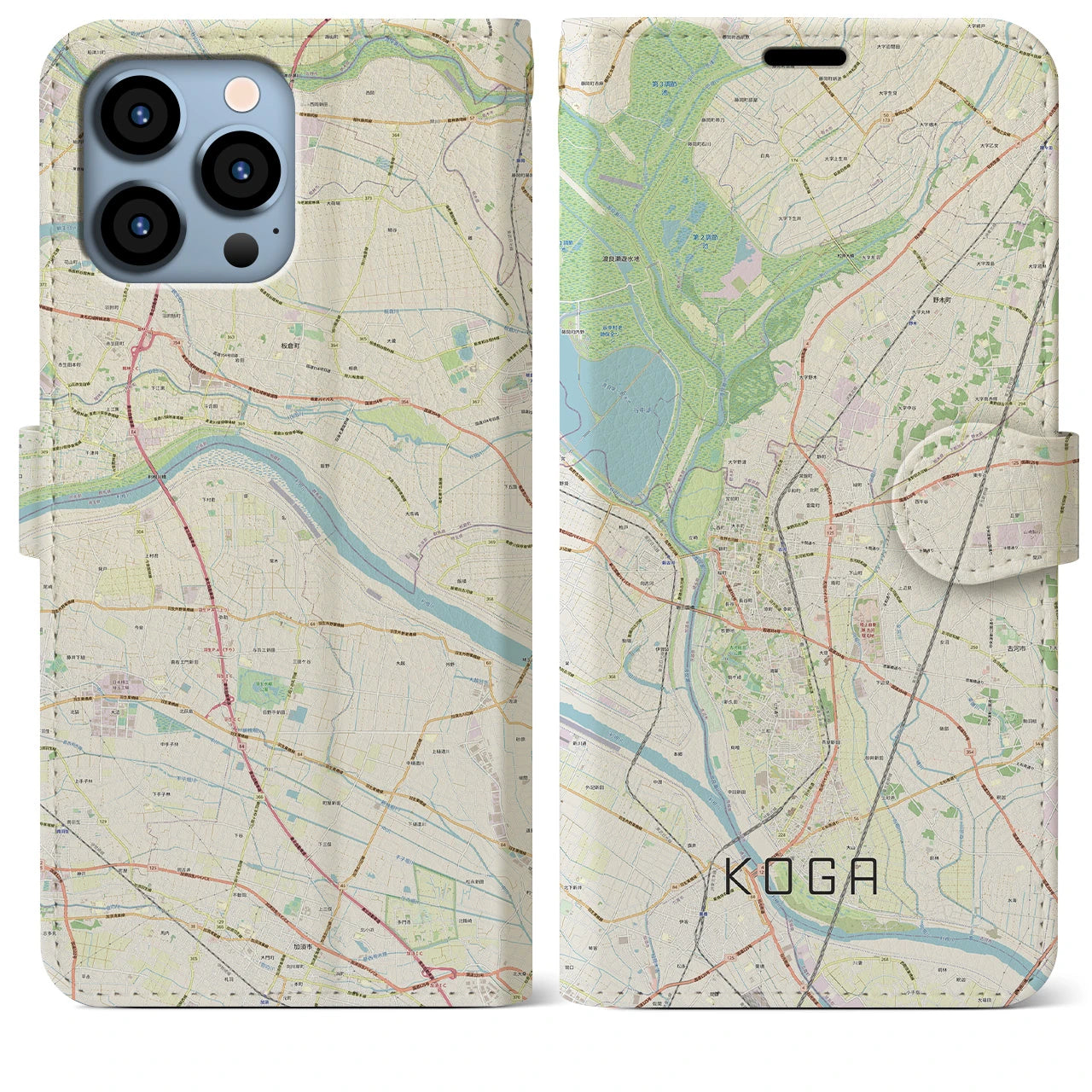 【古河】地図柄iPhoneケース（手帳両面タイプ・ナチュラル）iPhone 13 Pro Max 用