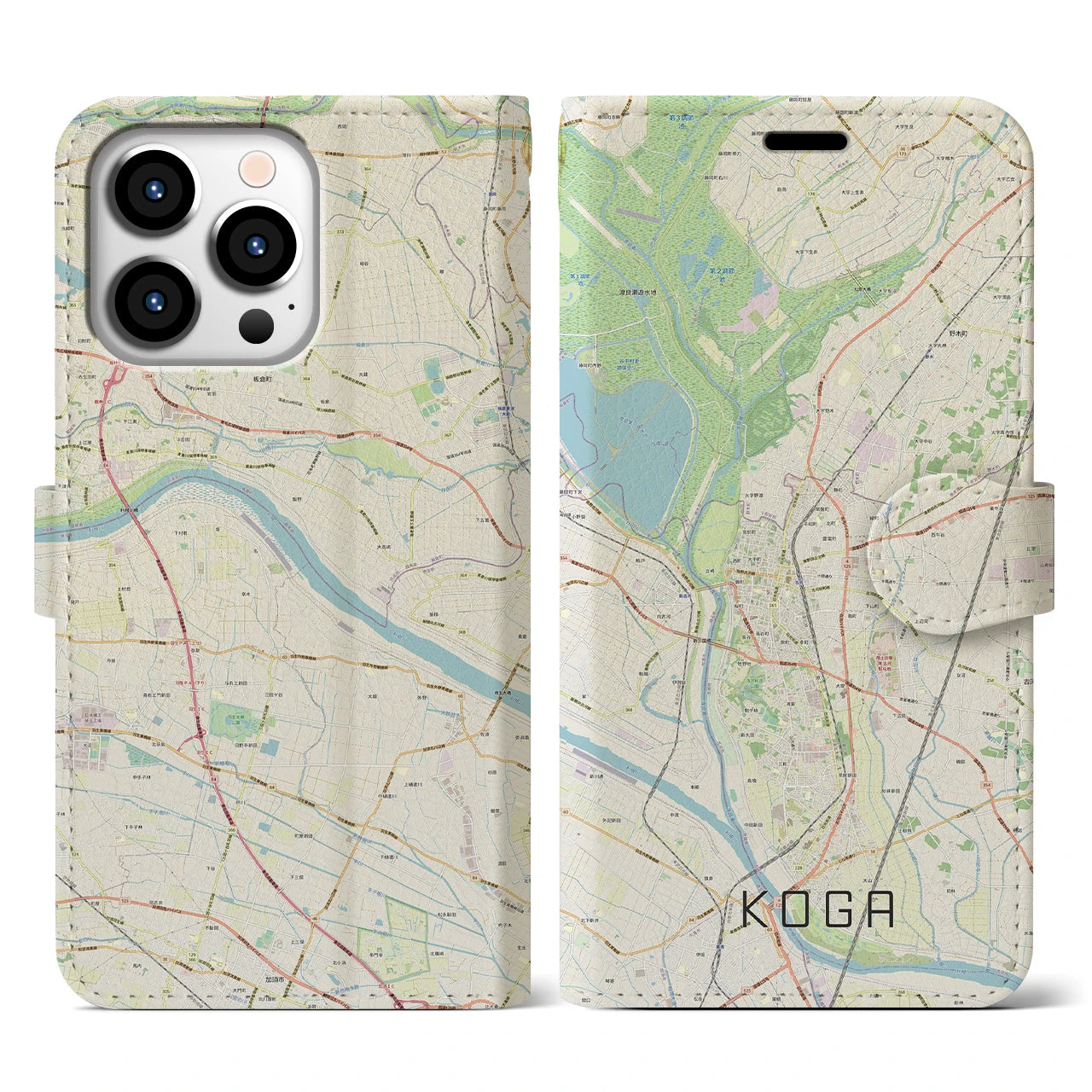 【古河】地図柄iPhoneケース（手帳両面タイプ・ナチュラル）iPhone 13 Pro 用