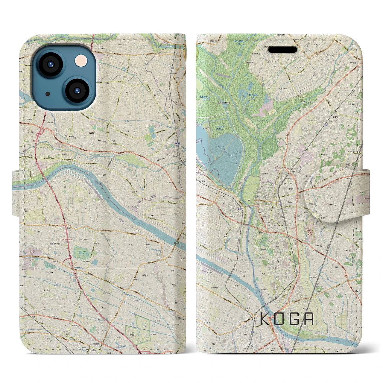【古河】地図柄iPhoneケース（手帳両面タイプ・ナチュラル）iPhone 13 用