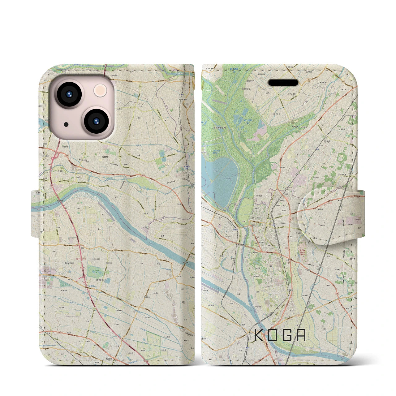 【古河】地図柄iPhoneケース（手帳両面タイプ・ナチュラル）iPhone 13 mini 用