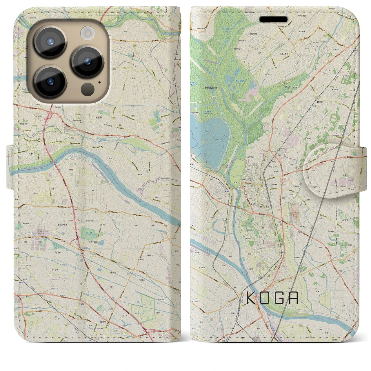 【古河】地図柄iPhoneケース（手帳両面タイプ・ナチュラル）iPhone 14 Pro Max 用