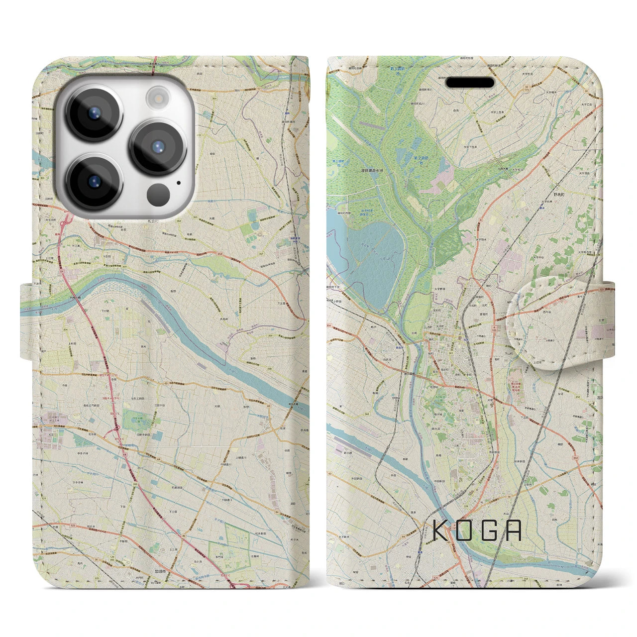 【古河】地図柄iPhoneケース（手帳両面タイプ・ナチュラル）iPhone 14 Pro 用