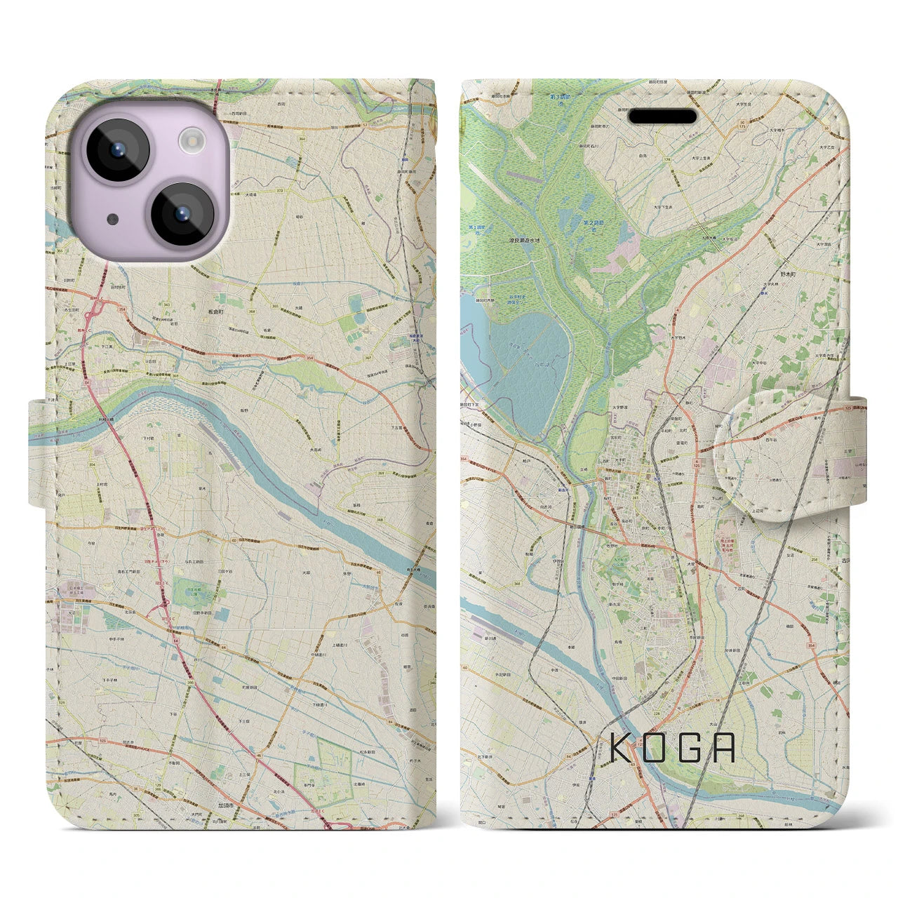【古河】地図柄iPhoneケース（手帳両面タイプ・ナチュラル）iPhone 14 用