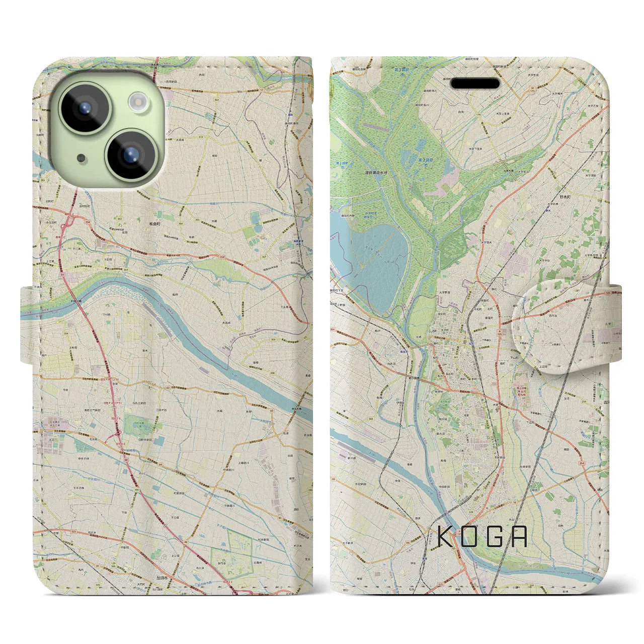 【古河】地図柄iPhoneケース（手帳両面タイプ・ナチュラル）iPhone 15 用