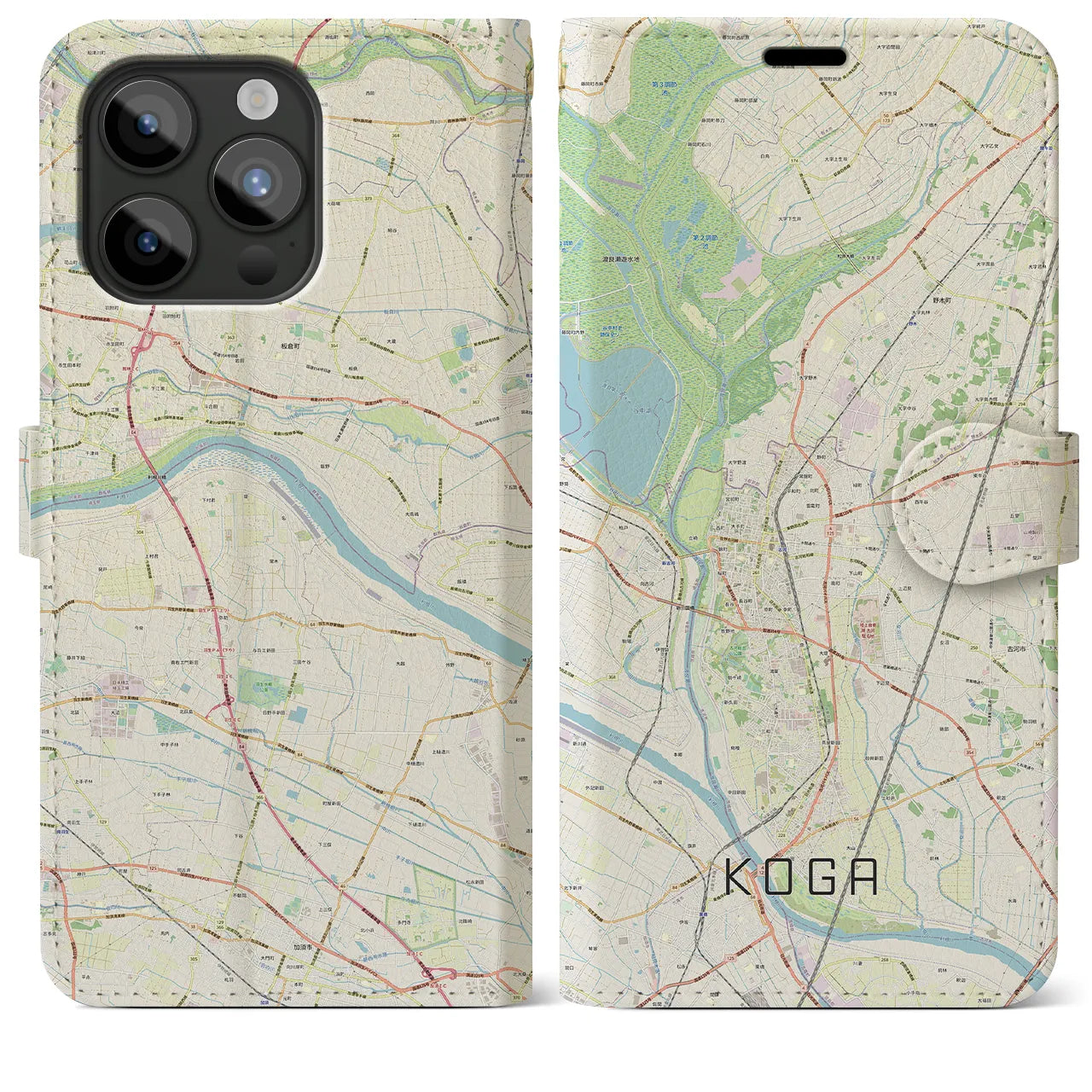 【古河】地図柄iPhoneケース（手帳両面タイプ・ナチュラル）iPhone 15 Pro Max 用