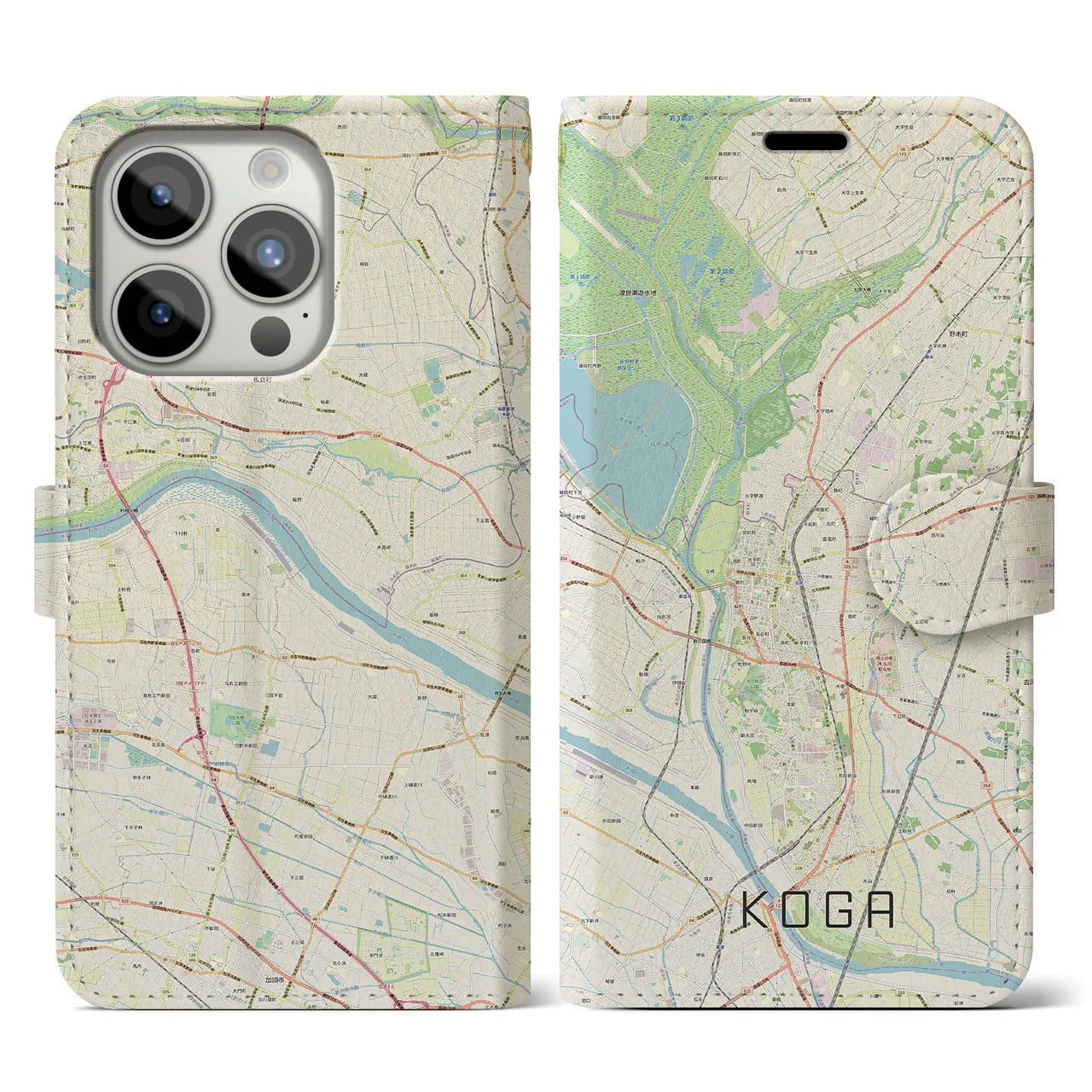 【古河】地図柄iPhoneケース（手帳両面タイプ・ナチュラル）iPhone 15 Pro 用