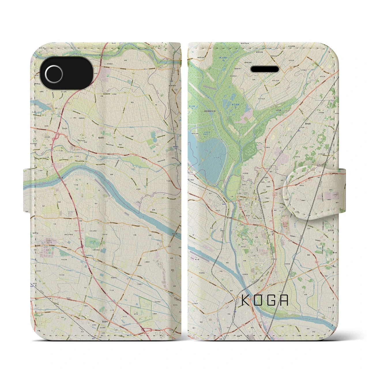 【古河】地図柄iPhoneケース（手帳両面タイプ・ナチュラル）iPhone SE（第3 / 第2世代） / 8 / 7 / 6s / 6 用