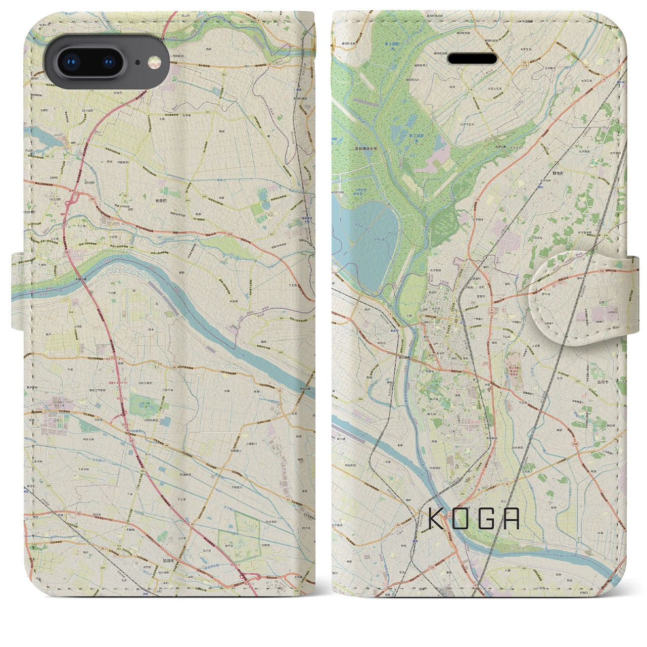【古河】地図柄iPhoneケース（手帳両面タイプ・ナチュラル）iPhone 8Plus /7Plus / 6sPlus / 6Plus 用