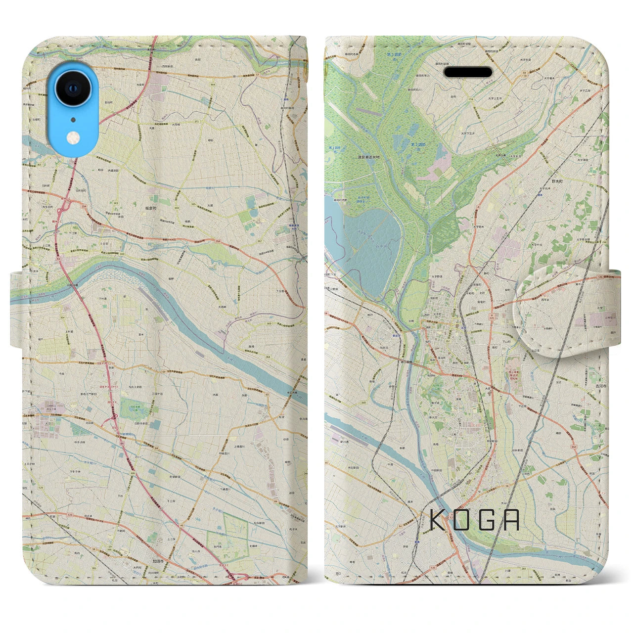【古河】地図柄iPhoneケース（手帳両面タイプ・ナチュラル）iPhone XR 用