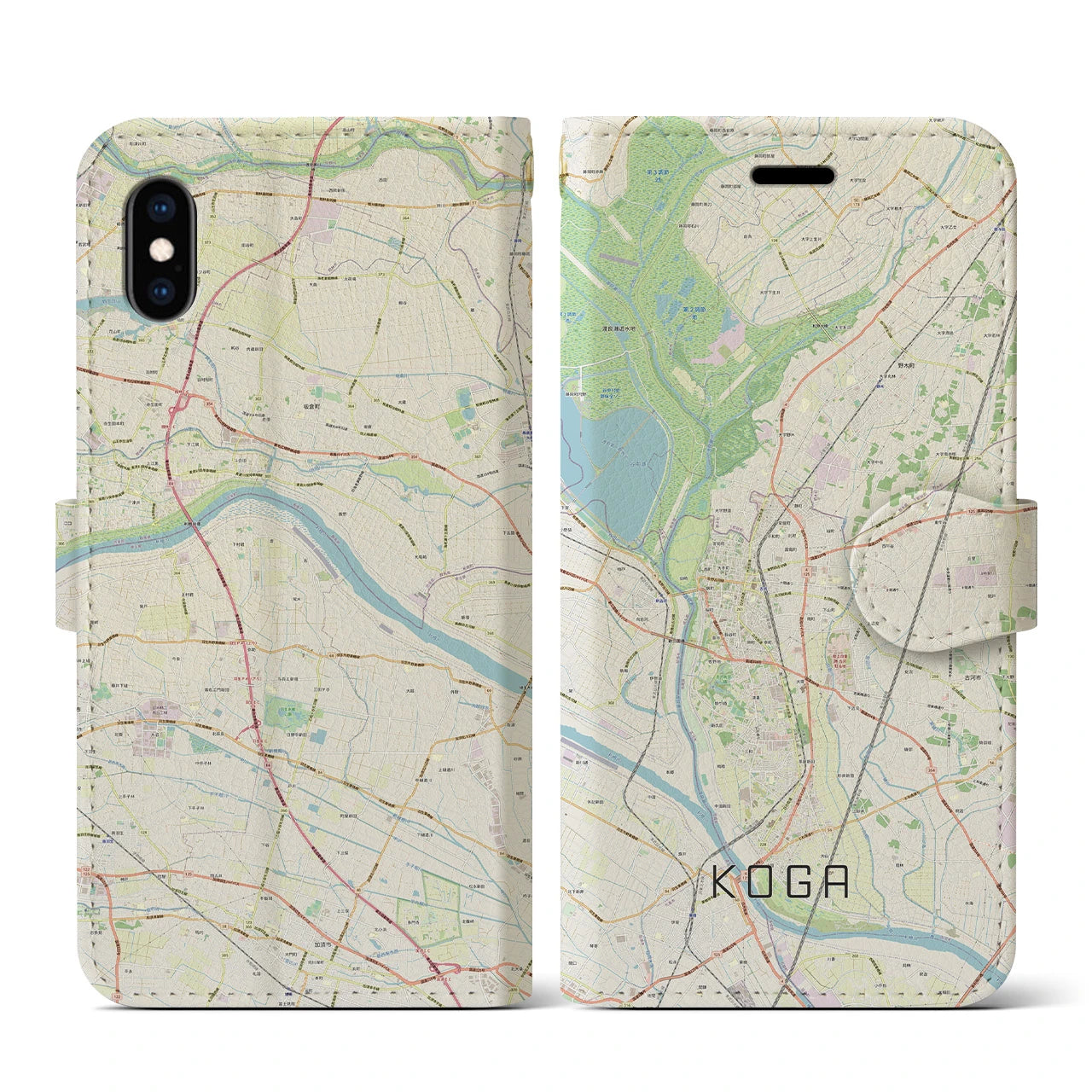 【古河】地図柄iPhoneケース（手帳両面タイプ・ナチュラル）iPhone XS / X 用