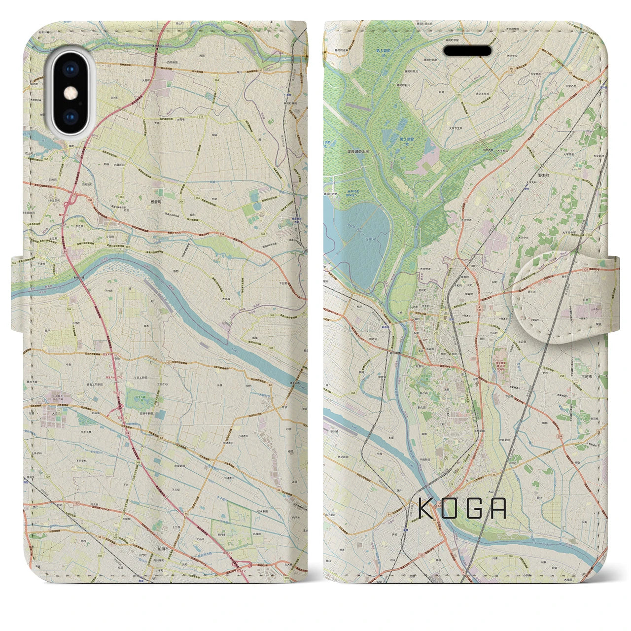 【古河】地図柄iPhoneケース（手帳両面タイプ・ナチュラル）iPhone XS Max 用